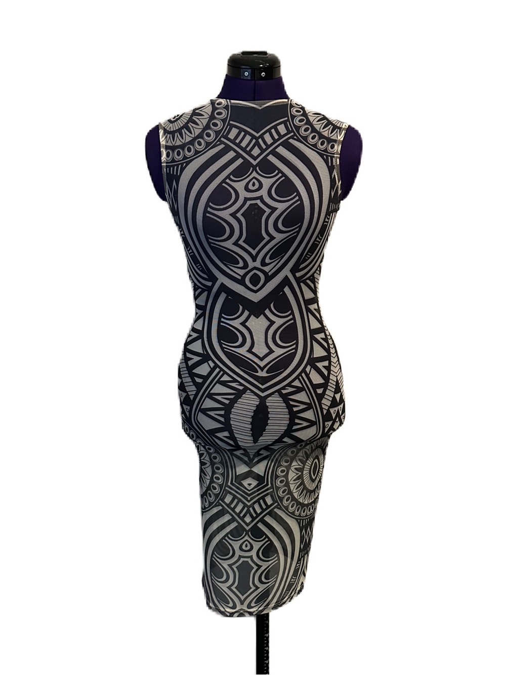 Black White Sheer Mesh Patterned Short Sleeve Mini Dress